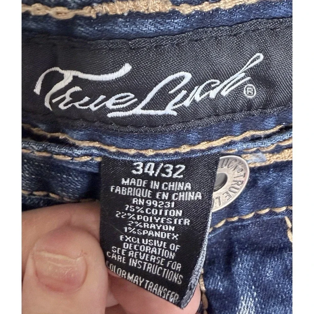 True Luck Denim Jeans Mens 34x32 Blue Straight Dark Wash Stretch Embroidered